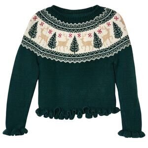 Tahari Kids Green Fair Isle Crewneck Sweater Long Sleeve Holiday Winter S (5–6)